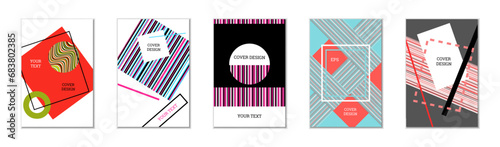 Geometric cover design, set of 5 covers. Abstract unusual background in Memphis style. Bright geometric shapes in random order