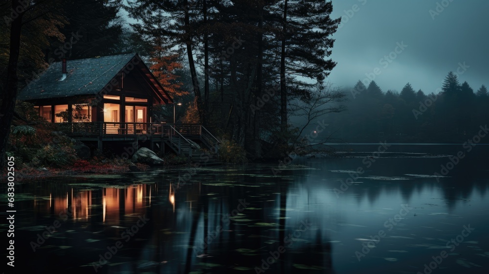 Beautiful house by the lake with incredible views of the evening forest landscape Beautiful house by the lake with incredible views of the evening forest landscape