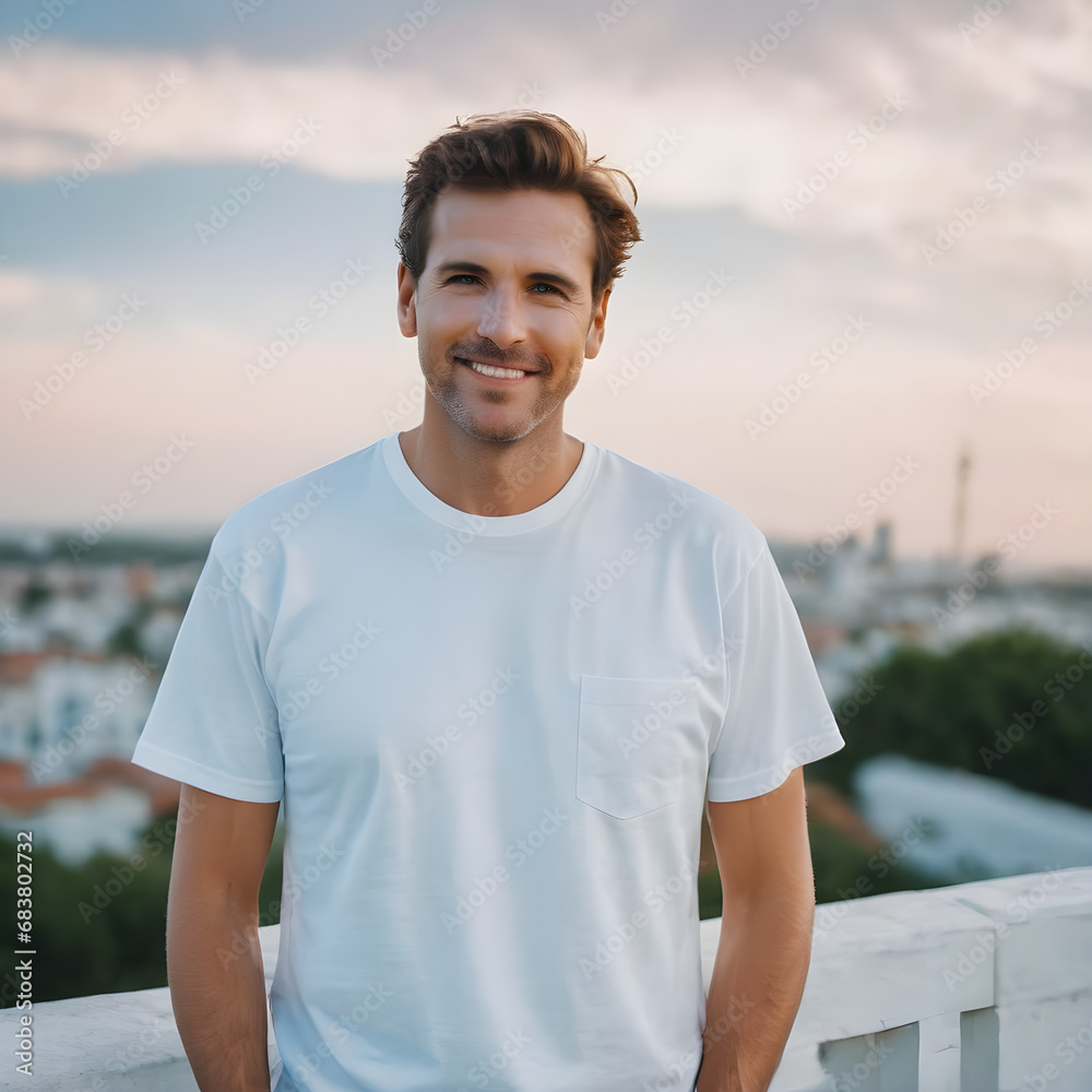 Design mockup. Waist up of young happy smiling man standing on blurred background wearing white casual t shirt looking straight at camera. Casual Casual attire Design mockup. Waist up of young happy smiling man standing on blurred background wearing white casual t shirt looking straight at camera. Casual Casual attire