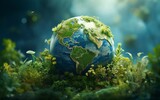 Planet Earth nestled in nature, symbolizing environmental care