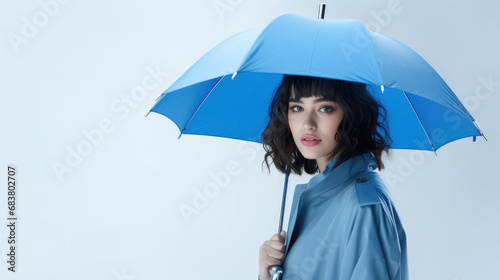 Beautiful young woman with blue umbrella on white background