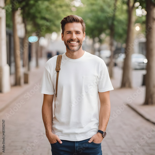 Design mockup. Waist up of young happy smiling man standing on blurred background wearing white casual t shirt looking straight at camera. Casual Casual attire  © Nataly