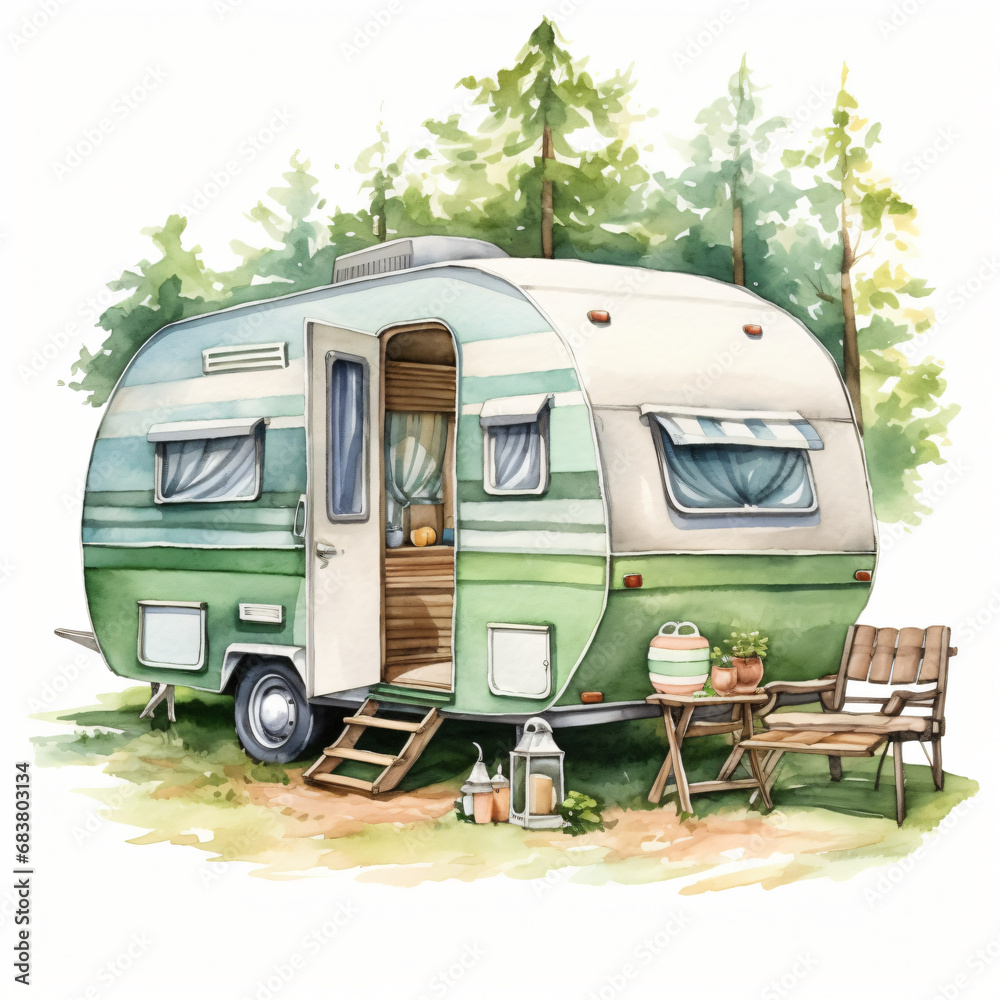 Watercolor Camping trailer Clipart isolated on white background