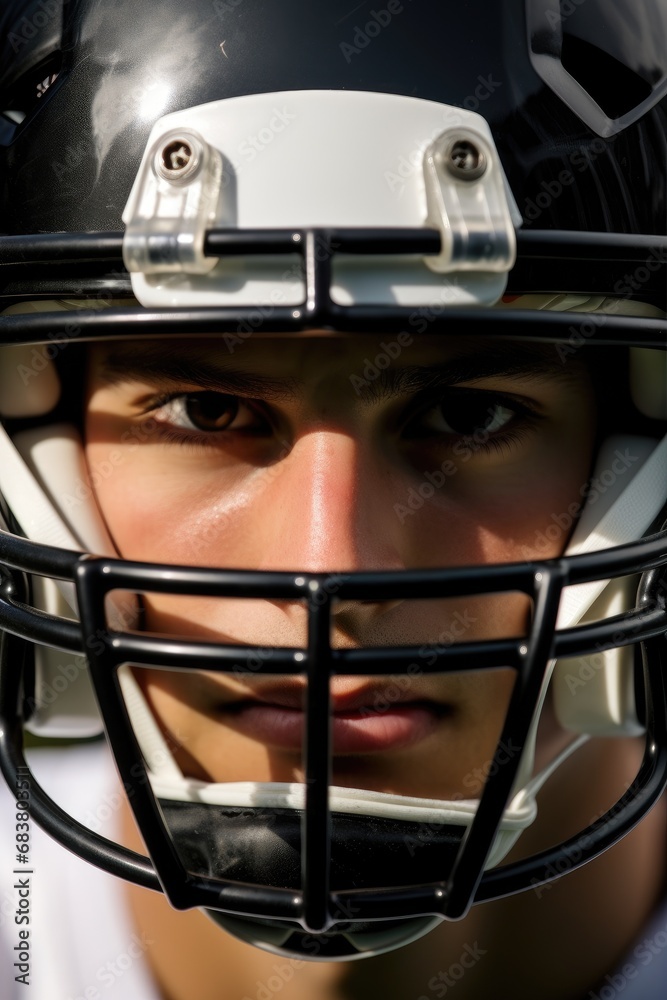 Close-up of a rugby player seen through the helmet Close-up of a rugby player seen through the helmet