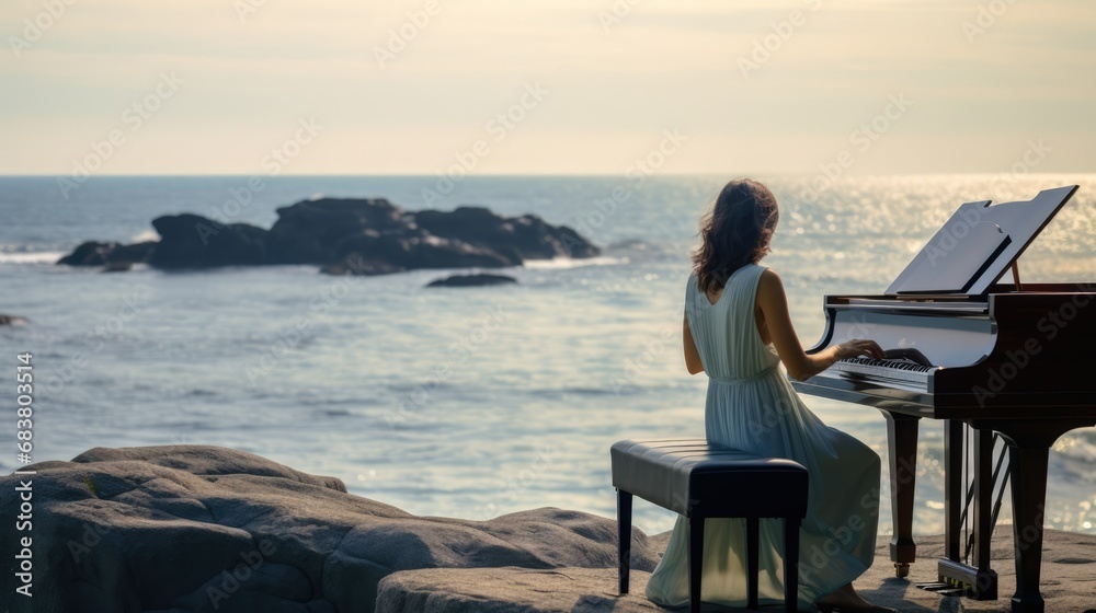 Woman Playing Piano on a Rock Overlooking the Ocean, Musician in Scenic Seascape Setting