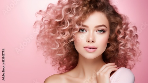 Woman Applying Makeup in Soft Pink Tones Against a Pinkish Background, Beauty and Elegance