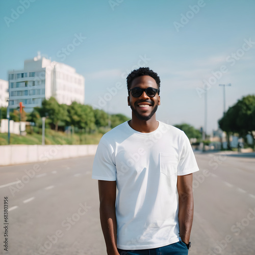 Design mockup. Young African man wearing white shirt wearing glasses on blurred background © Nataly