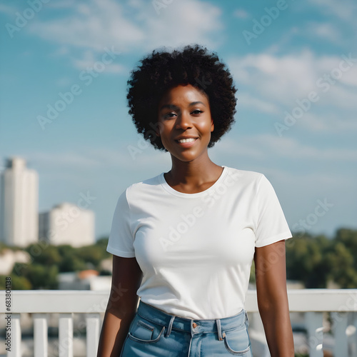 Design mockup. Waist up of young happy smiling African American woman standing in centre isolated on blurred background wearing white casual t shirt looking straight at camera.  photo