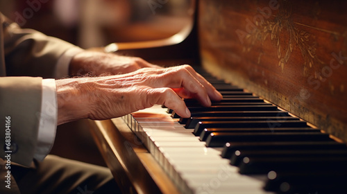 Main de personne âgée jouant des notes de musique sur un piano. Instrument de musique, mélodie, gros plan. Pour conception et création graphique photo