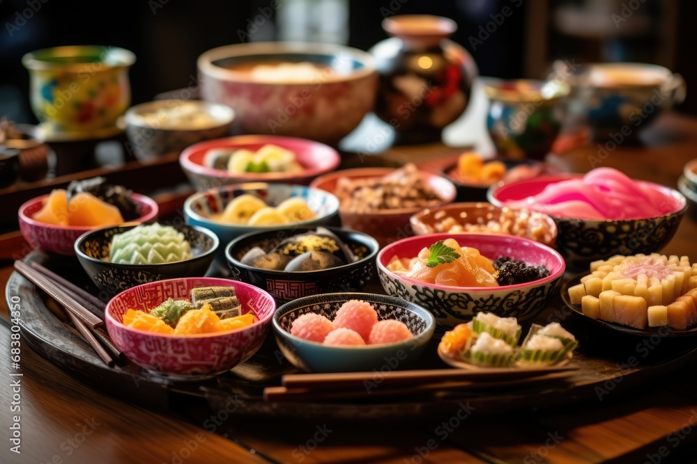 Japanese food and snack in bowl, various food in restaurant
