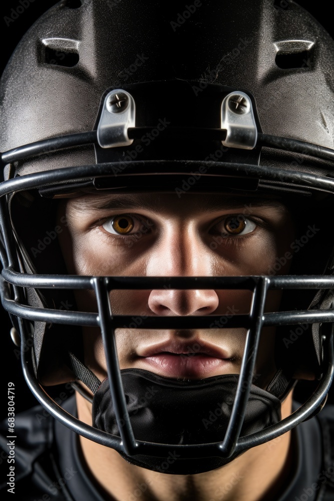 Fototapeta premium Close-up of a rugby player seen through the helmet