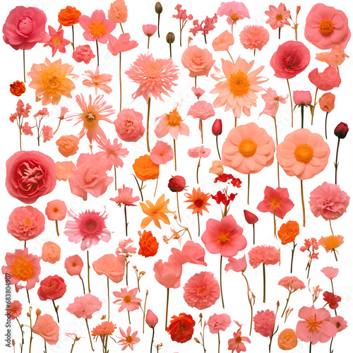 collection of various flowers on white background. each one is shot separately