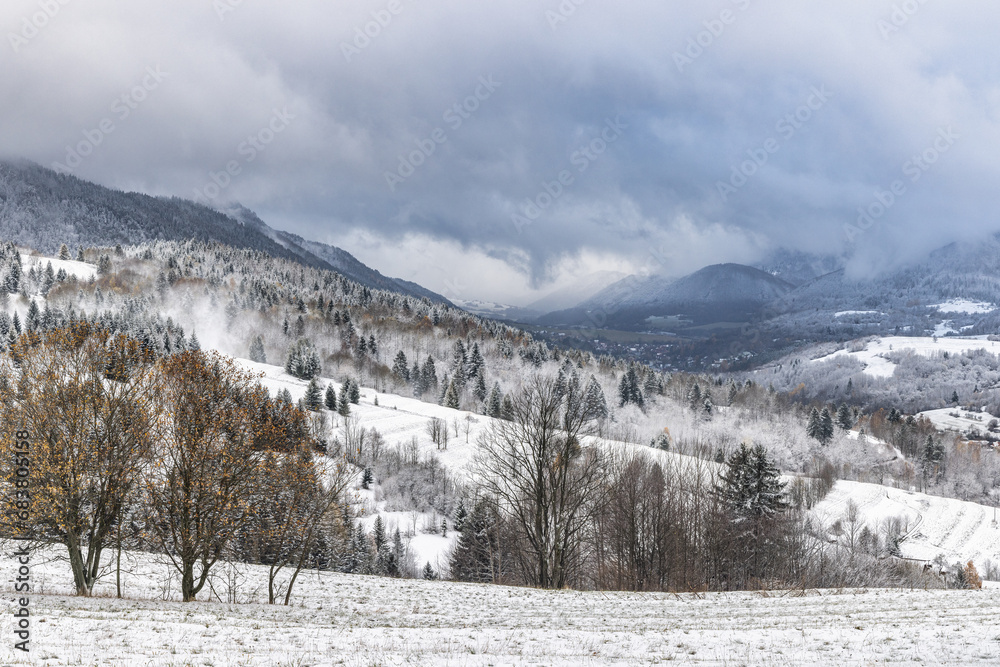 Winter landscape with snowy trees and mountains at hazy day. The Mala Fatra national park in northwest of Slovakia, Europe.