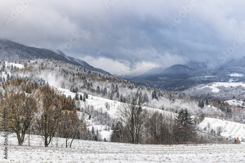 Winter landscape with snowy trees and mountains at hazy day. The Mala Fatra national park in northwest of Slovakia, Europe. © Viliam