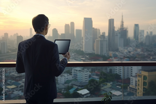 Portrait from backside of a CEO businessman use tablet near a wall window with cityscape and skyscrapers night view in an office. Generative AI.