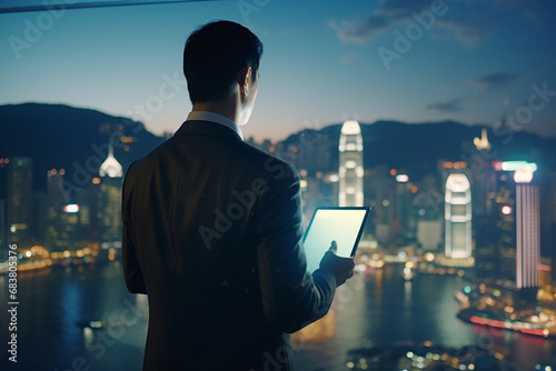 Portrait from backside of a CEO businessman use tablet near a wall window with cityscape and skyscrapers night view in an office. Generative AI. photo