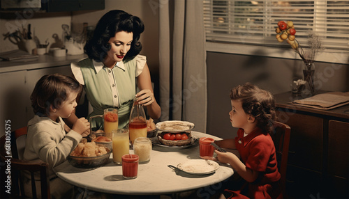 Vintage mother with her two daughters have breakfast at home. Monochrome, grunge textures, intentional styled to the 1950s Retro family concept background at home photo