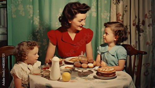 Vintage mother with her two daughters have breakfast at home. Monochrome, grunge textures, intentional styled to the 1950s Retro family concept background at home