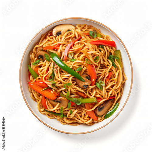 Top view of Chinese food Lo Mein isolated on a white background