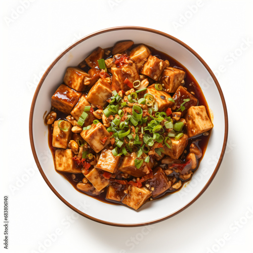 Top view of Chinese food Map Tofu isolated on a white background