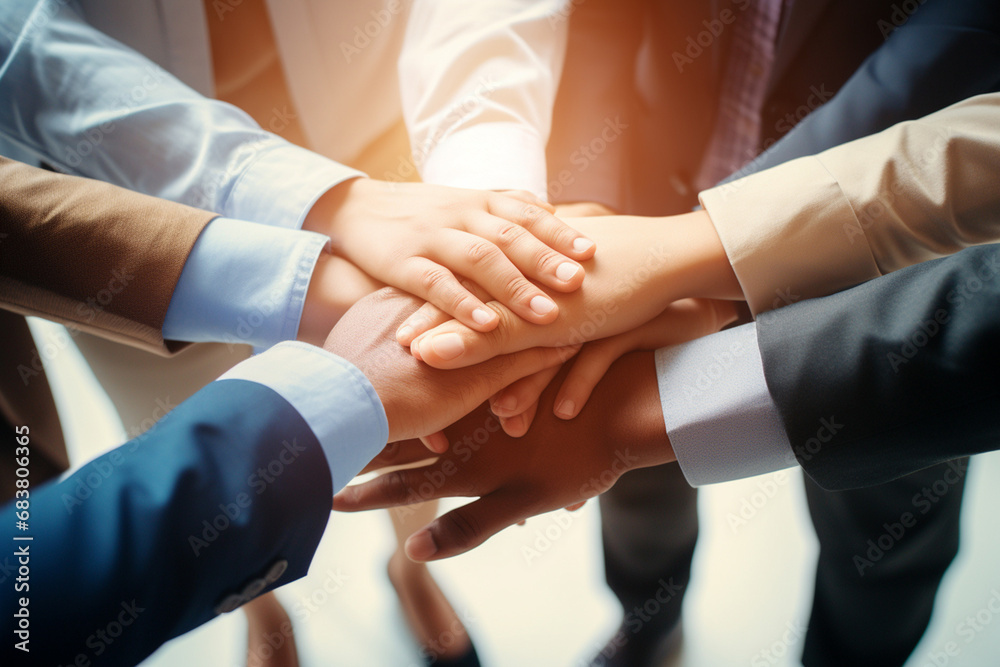 A close up top view shot of multinational business people joining hands together, teamwork build up concept. Generative AI. A close up top view shot of multinational business people joining hands together, teamwork build up concept. Generative AI.