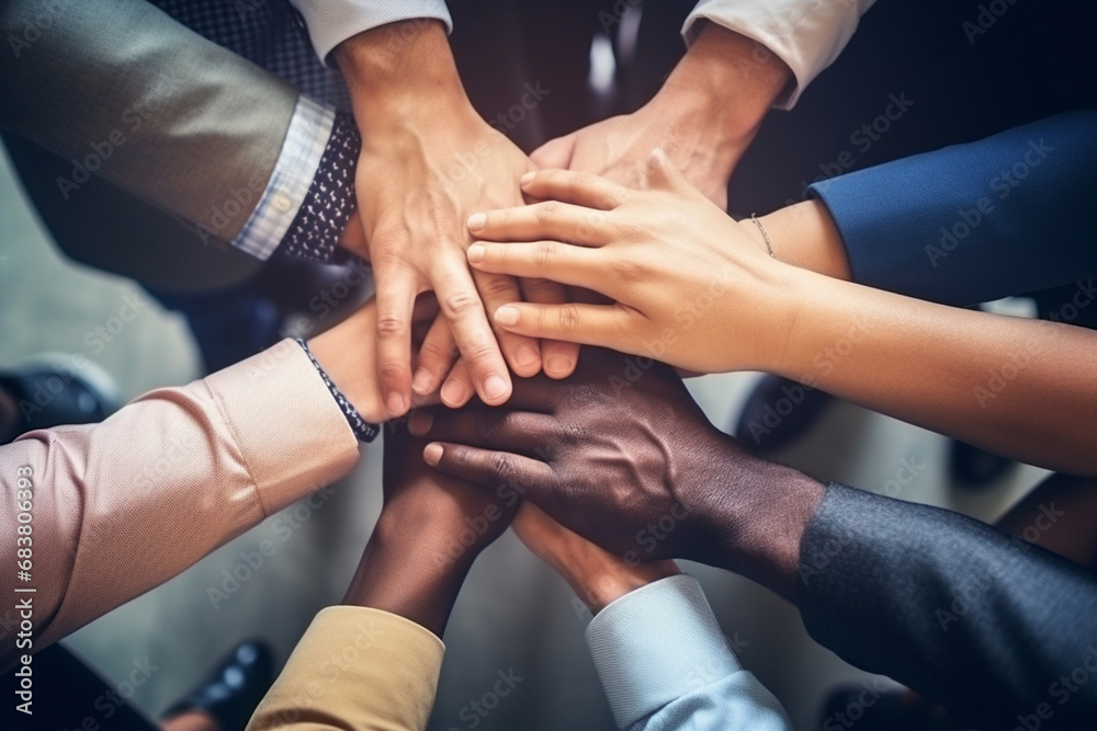 A close up top view shot of multinational business people joining hands together, teamwork build up concept. Generative AI. A close up top view shot of multinational business people joining hands together, teamwork build up concept. Generative AI.