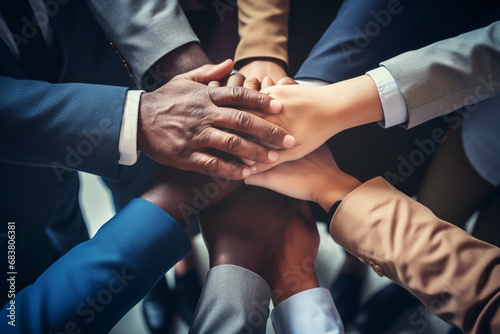A close up top view shot of multinational business people joining hands together, teamwork build up concept. Generative AI. © Surachetsh
