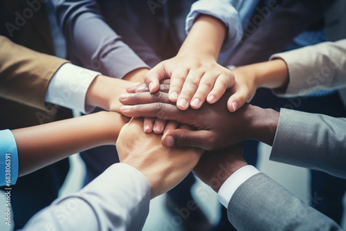 Wallpaper Mural A close up top view shot of multinational business people joining hands together, teamwork build up concept. Generative AI. Torontodigital.ca