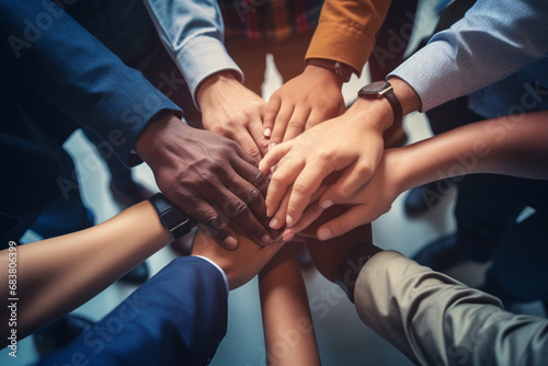 A close up top view shot of multinational business people joining hands together, teamwork build up concept. Generative AI. photo