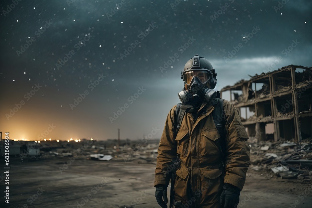 A man wearing a gas mask and a military uniform against the background of destroyed buildings in the city at night. Post-apocalypse world.