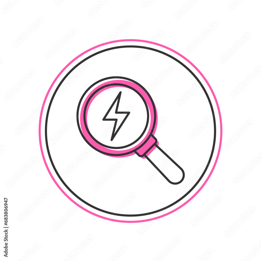 Filled outline Magnifying glass with lightning bolt icon isolated on white background. Flash sign. Charge flash. Thunder bolt. Lighting strike. Vector Filled outline Magnifying glass with lightning bolt icon isolated on white background. Flash sign. Charge flash. Thunder bolt. Lighting strike. Vector
