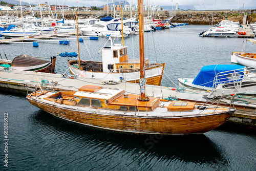 Bodø harbor with leisure boat, nordland, Norway