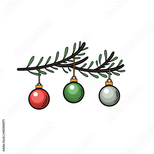 Color Christmas decoration with balls and fir branch ornament , Hand draw