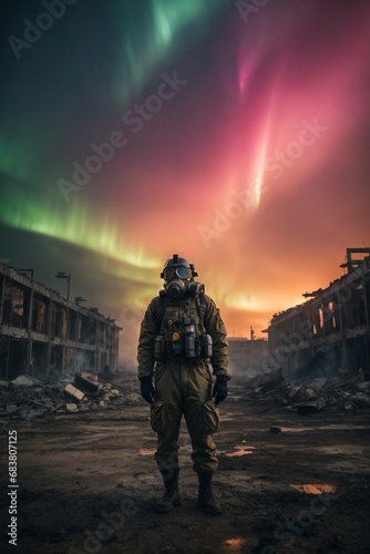 post-apocalypse A man wearing a gas mask and a military uniform against the background of destruction and the northern lights.