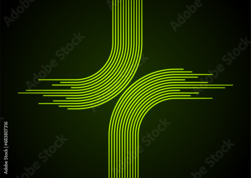 Glow neon green minimal curved lines abstract tech background. Geometric vector design