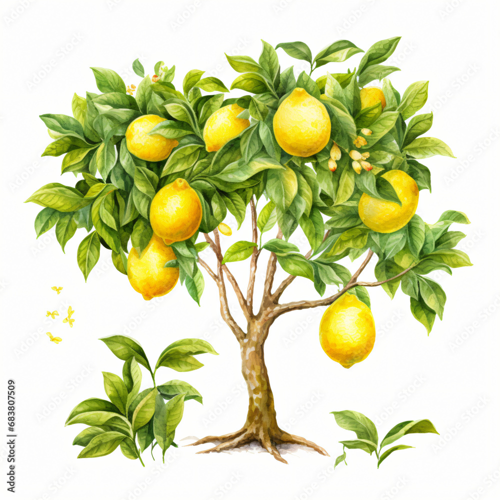 Watercolor Lemon tree Clipart isolated on white background