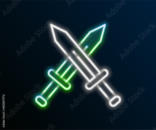 Glowing neon line Crossed medieval sword icon isolated on black background. Medieval weapon. Colorful outline concept. Vector