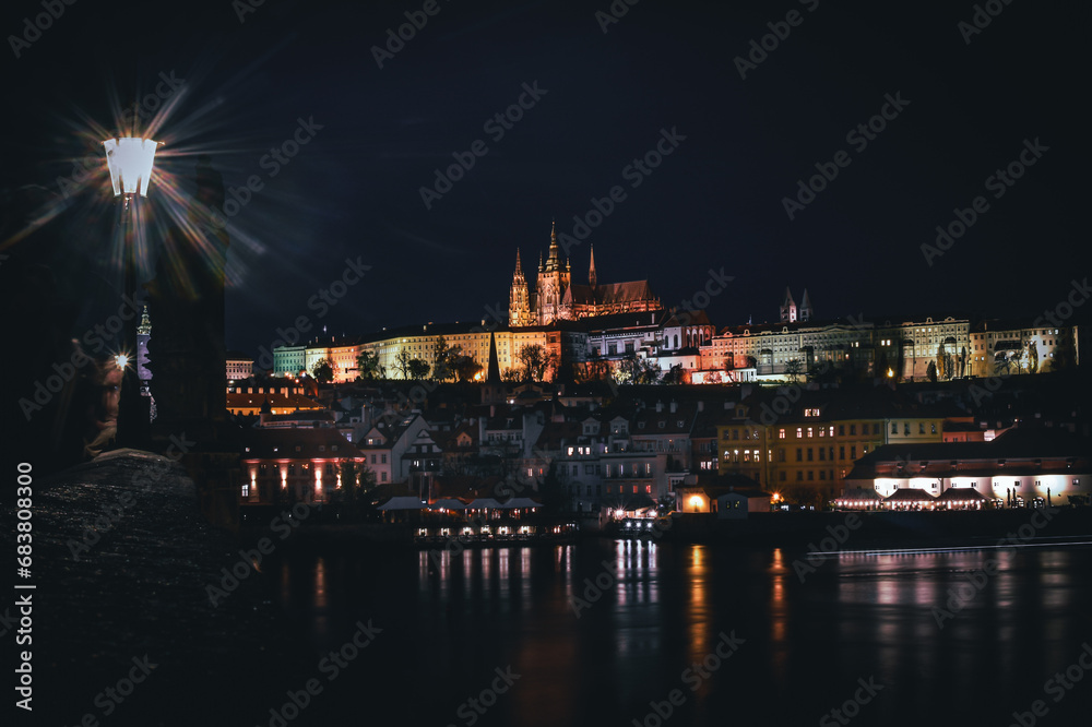 Night view of Prague Castle from Charles Bridge. 