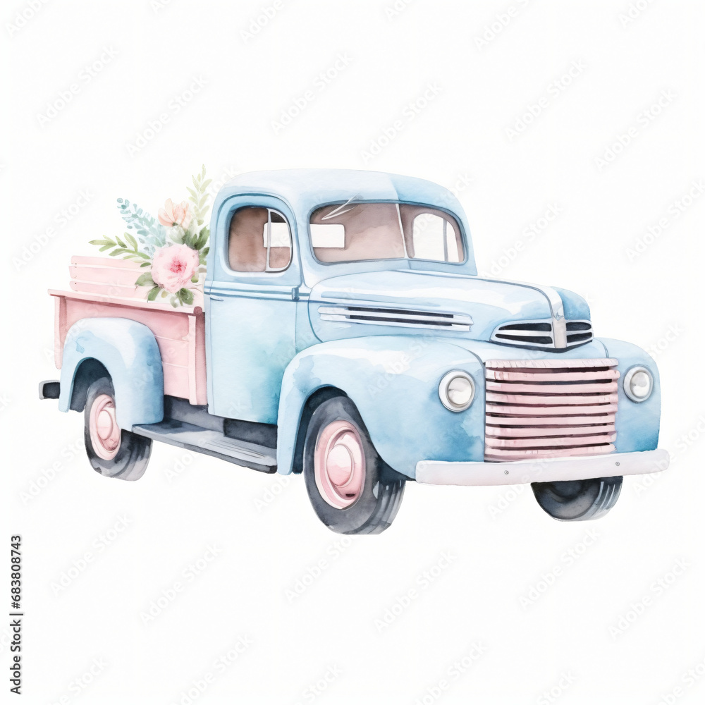 Watercolor pickup truck Clipart isolated on white background