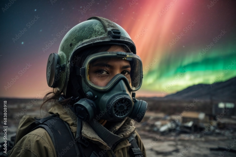 A man wearing a gas mask and a military uniform against the background of destroyed buildings in the city of Northern lights at night. Post-apocalypse world.