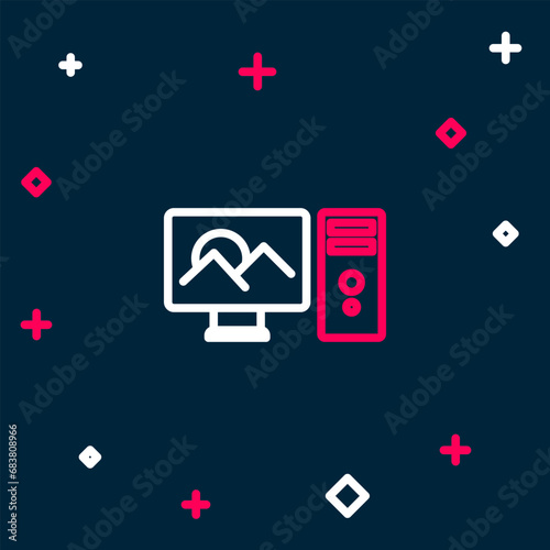 Line Photo retouching icon isolated on blue background. Photographer, photography, retouch icon. Colorful outline concept. Vector