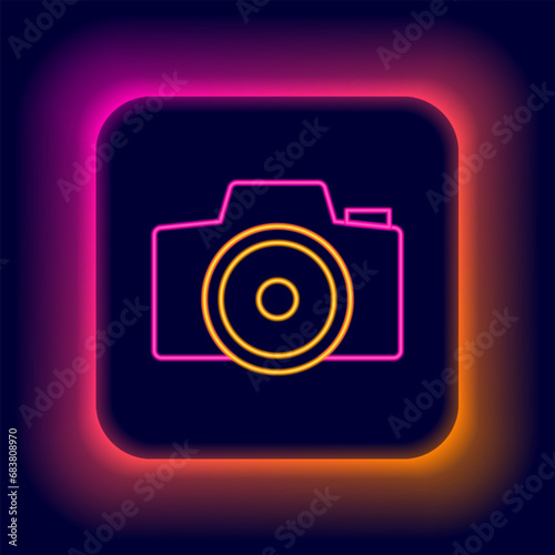 Glowing neon line Photo camera icon isolated on black background. Foto camera. Digital photography. Colorful outline concept. Vector