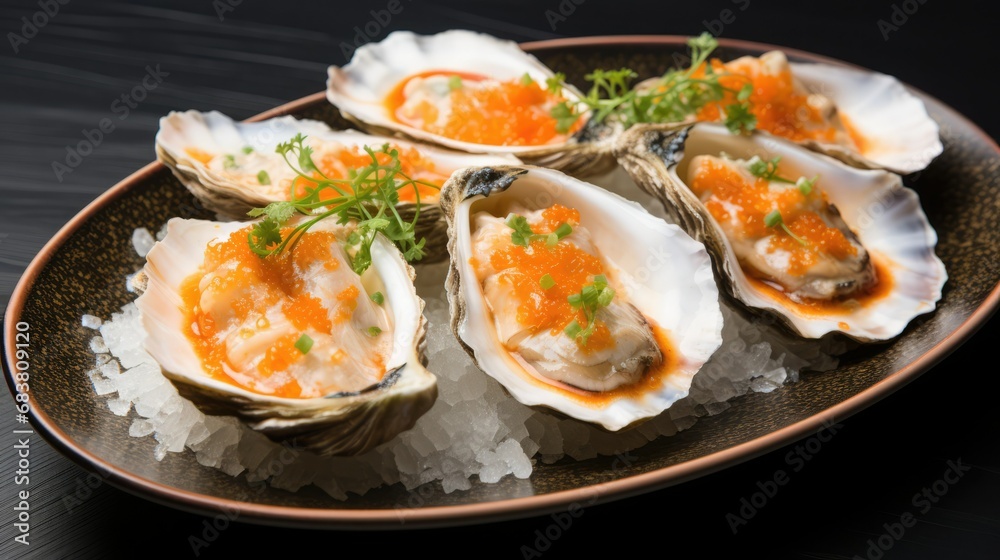 Oyster, raw and fresh on ice with lemon, lemongrass and basil Oyster, raw and fresh on ice with lemon, lemongrass and basil