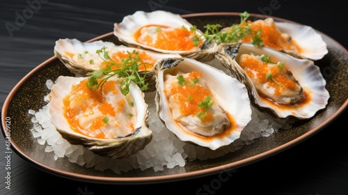 Oyster, raw and fresh on ice with lemon, lemongrass and basil