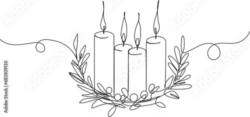 continuous single line drawing of advent wreath with four candles burning, christmas concept line art vector illustration