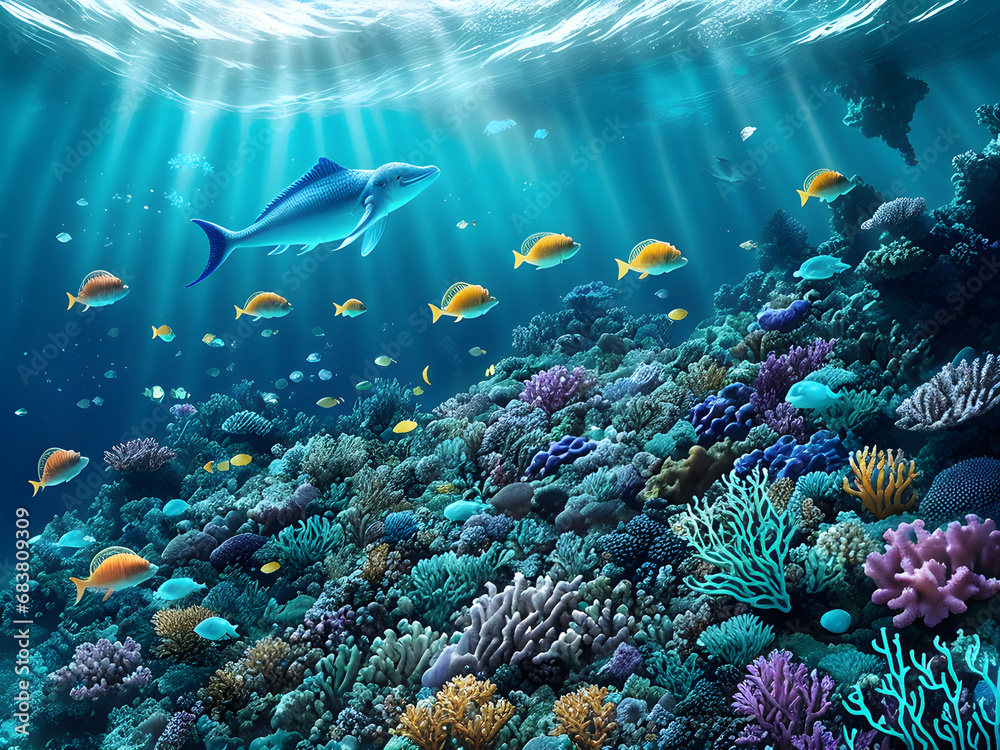 Fototapeta premium Neptunian Whispers: An Enchanted Dive into the Underwater Fantasy