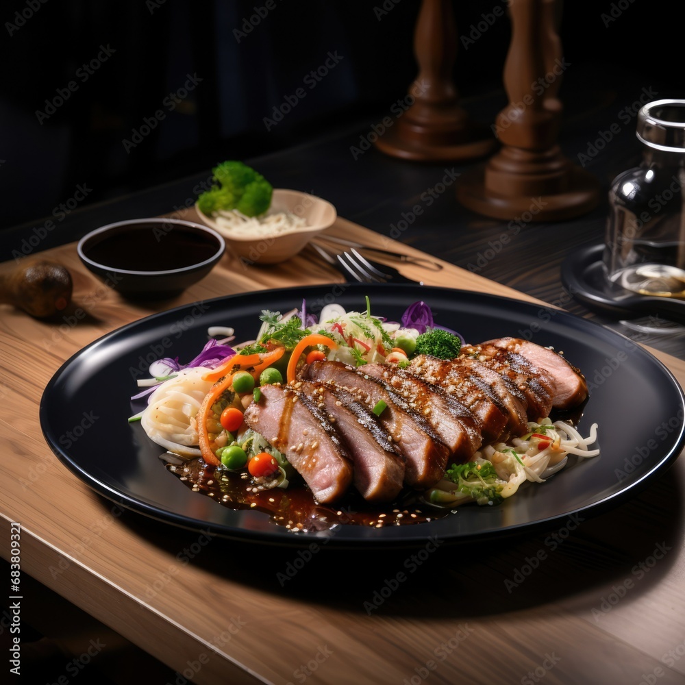 Pork steak dish on rice and vegetable, delicious food