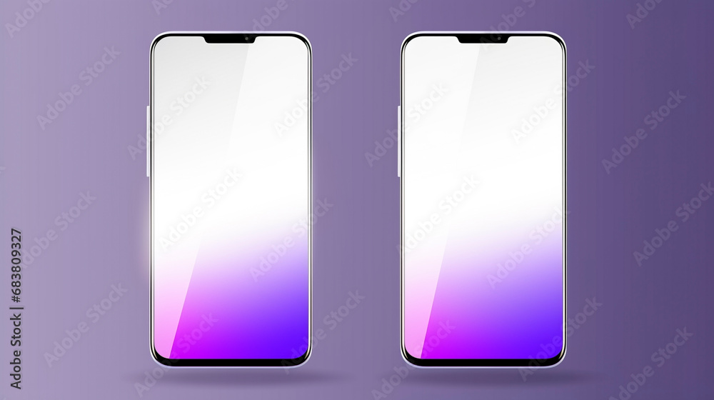 two blank screen generic smart phone mock up on isolated purple gradient background , horizontal orientation 16:9 two blank screen generic smart phone mock up on isolated purple gradient background , horizontal orientation 16:9