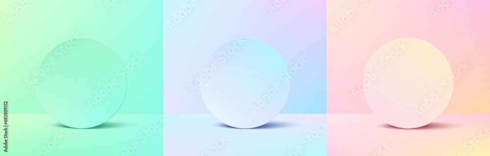 Set of green, blue, pink, yellow 3d circle podium background. Circle backdrop frames gradient color in minimal style. Abstract vector geometric platforms design. Stage showcase for cosmetic product. - obrazy, fototapety, plakaty 