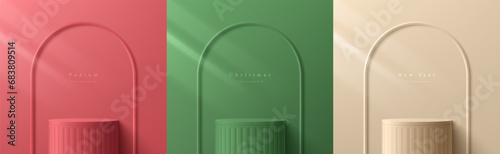 Set of 3D merry christmas background with red, cream, green cylinder stand podium and arch frame wall scene. Platform mockup product display presentation. Abstract composition minimal. Stage showcase.